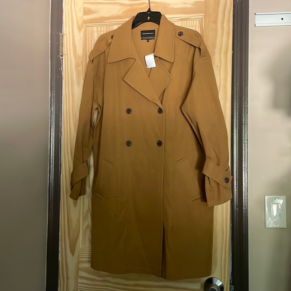 Carmel color double breasted trench coat with 2 to 5 % spandex material size M
